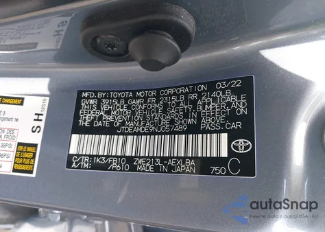 2022 Toyota Corolla Hybrid Le z USA, uszkodzony, nr VIN JTDEAMDE9NJ057489